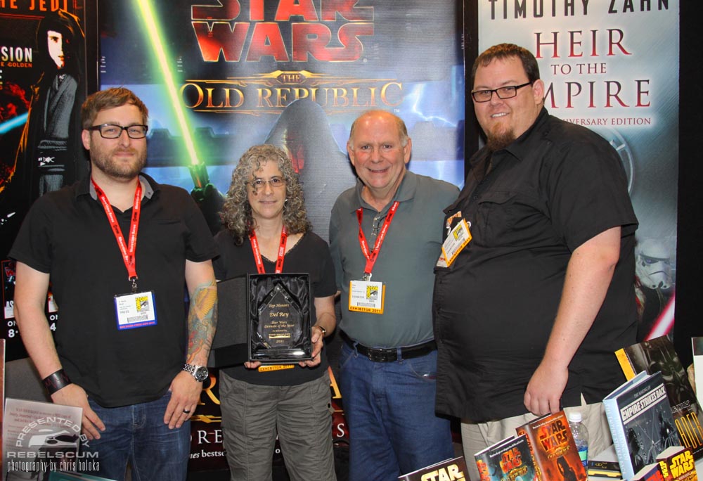 2011 Star Wars Licensee Of The Year goes to Del Rey. Left to right -D. Martin Myatt, Shelly Shapiro, Philip Wise, and Erich R. Schoeneweiss