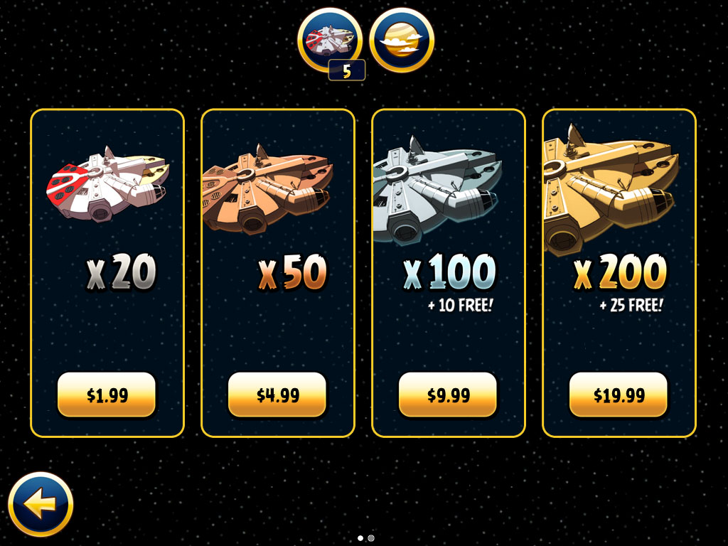 Angry Birds Star Wars-Purchase Screen for Extra Falcons