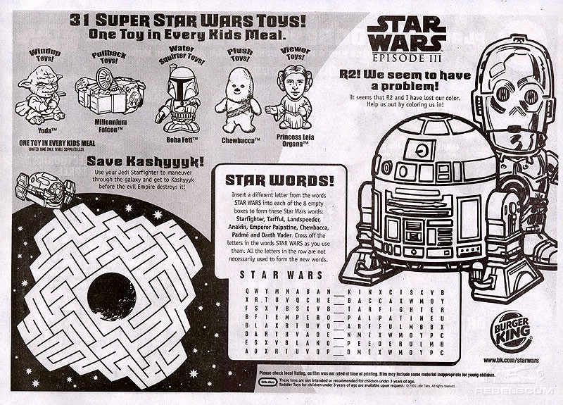 Burger King Star Wars Tray Liner