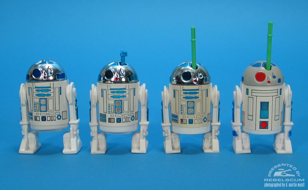 From Left To Right: Artoo-Detoo (R2-D2) -1978, Artoo-Detoo (R2-D2) (With Sensorscope) -1982, Artoo-Detoo (R2-D2) (With Pop Up Lightsaber) -1985, and Droids Artoo-Detoo (R2-D2) -1985