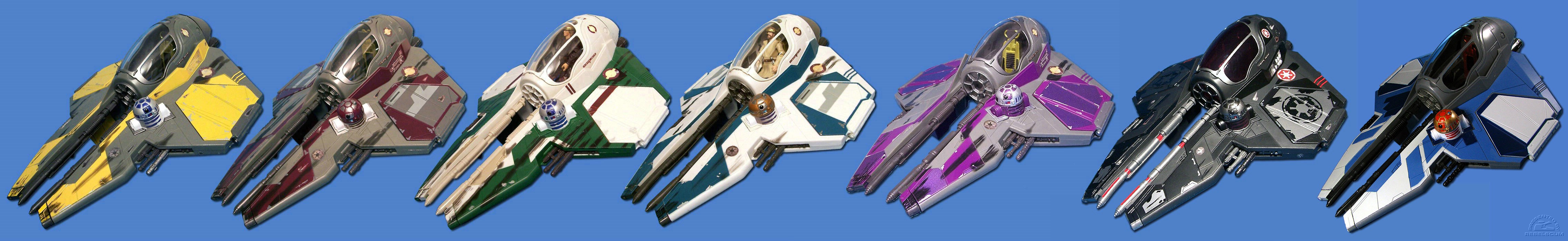 Anakin's Jedi Starfighter (Coruscant) - Sneak Preview | Obi-Wan's Jedi Starfighter (Coruscant) | Anakin's Jedi Starfighter (Mustafar) - Toys ''R'' Us Exclusive | Obi-Wan's Jedi Starfighter (Utapau) - Toys ''R'' Us Exclusive | Mace Windu's Jedi Starfighter | Darth Vader's Sith Starfighter  | Aalya Secura's Jedi Starfighter - Target Exclusive