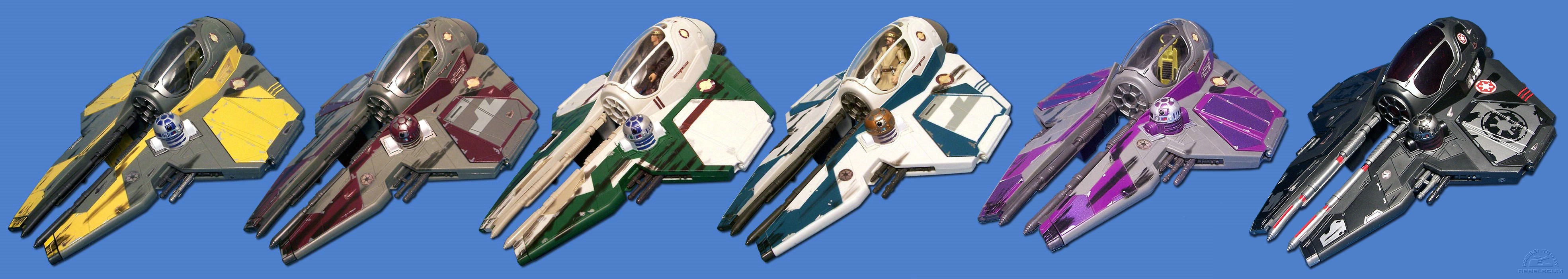 Anakin's Jedi Starfighter (Coruscant) - Sneak Preview | Obi-Wan's Jedi Starfighter (Coruscant) | Anakin's Jedi Starfighter (Mustafar) - Toys ''R'' Us Exclusive | Obi-Wan's Jedi Starfighter (Utapau) - Toys ''R'' Us Exclusive | Mace Windu's Jedi Starfighter | Darth Vader's Sith Starfighter