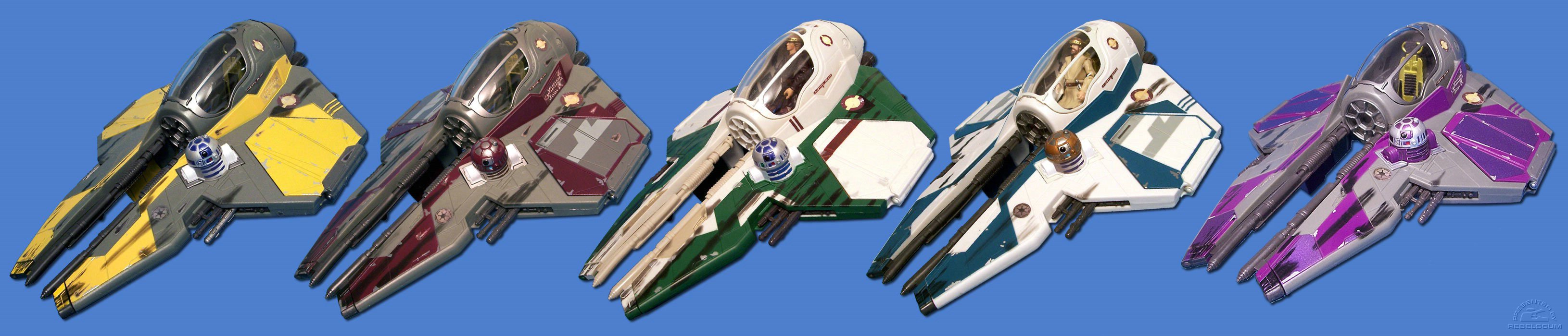 Anakin's Jedi Starfighter (Coruscant) - Sneak Preview | Obi-Wan's Jedi Starfighter (Coruscant) | Anakin's Jedi Starfighter (Mustafar) - Toys ''R'' Us Exclusive | Obi-Wan's Jedi Starfighter (Utapau) - Toys ''R'' Us Exclusive | Mace Windu's Jedi Starfighter