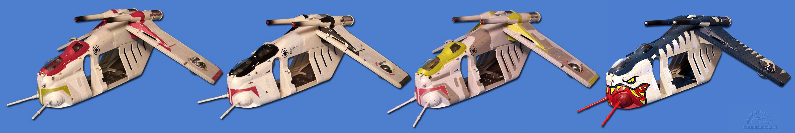 SAGA Republic Gunship (2002) | CLONE WARS Command Gunship (2003) | ROTS Republic Gunship (2005) | TSC Republic Gunship (2006)