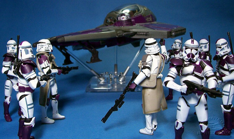 Mace Windu's Jedi Starfighter lands near his clone troopers