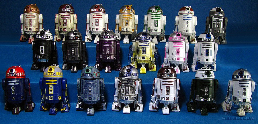 Astromech Line-Up!<br>Top Row: R4-G9 | R4-P17 I | R2-M5 | R2-C4 | R2-A6 | R3-T2 | R2-Q2<br>Middle Row: R2-X2 I | R4-K5 | R4-M6 | R2-D2 (30-04) | R2-KT | R2-D2 (Comic Packs)<br>Bottom Row: Razor Squadron Astromech | R2-B1 | R2-T0 | R2-D2 (Droid Factory) | R4-P17 II | R2-X2 II | R2-D2 (Resurgence of the Jedi)<br>